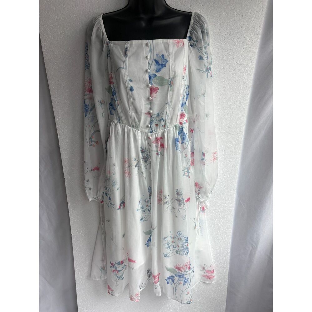 Fashion NWT Floral Chiffon Fairycore Midi Dress Size L White Blue Colorful Cute